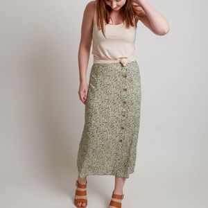 Green White Floral Midi Skirt with Buttons